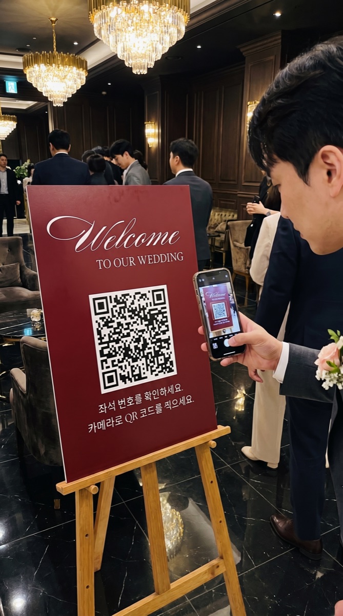 예식장 입구에 비치된 QR 하객좌석 보드를 하객이 휴대폰으로 스캔하는 모습