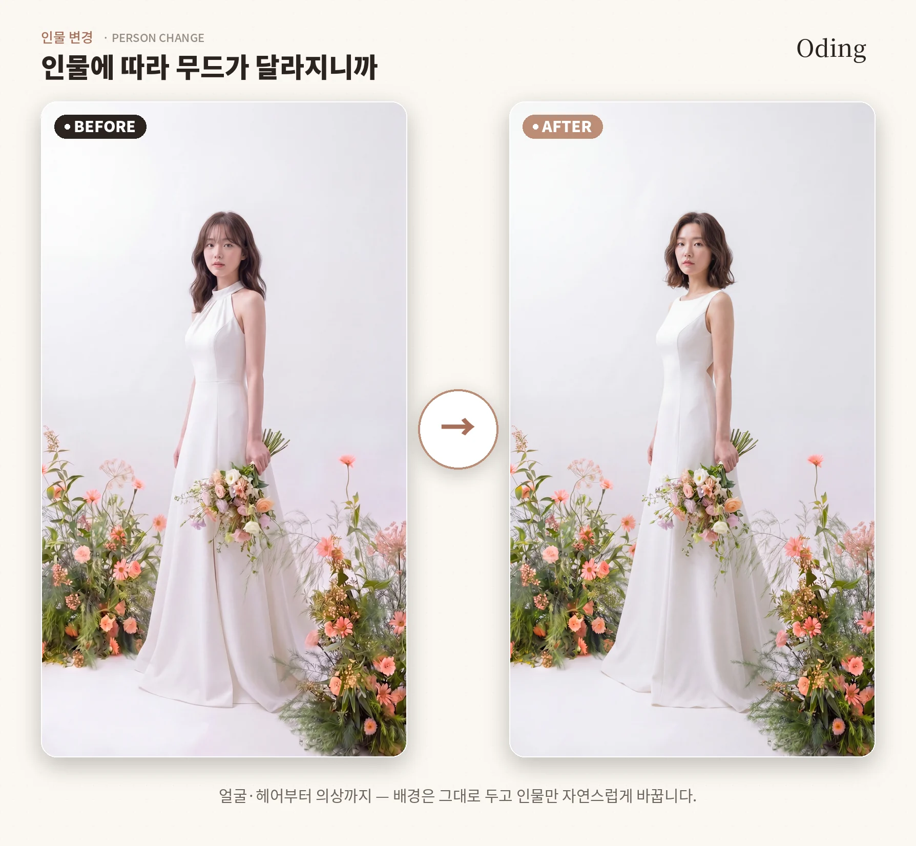인물 변경 전후 비교 — 배경은 그대로 두고 인물만 자연스럽게 교체