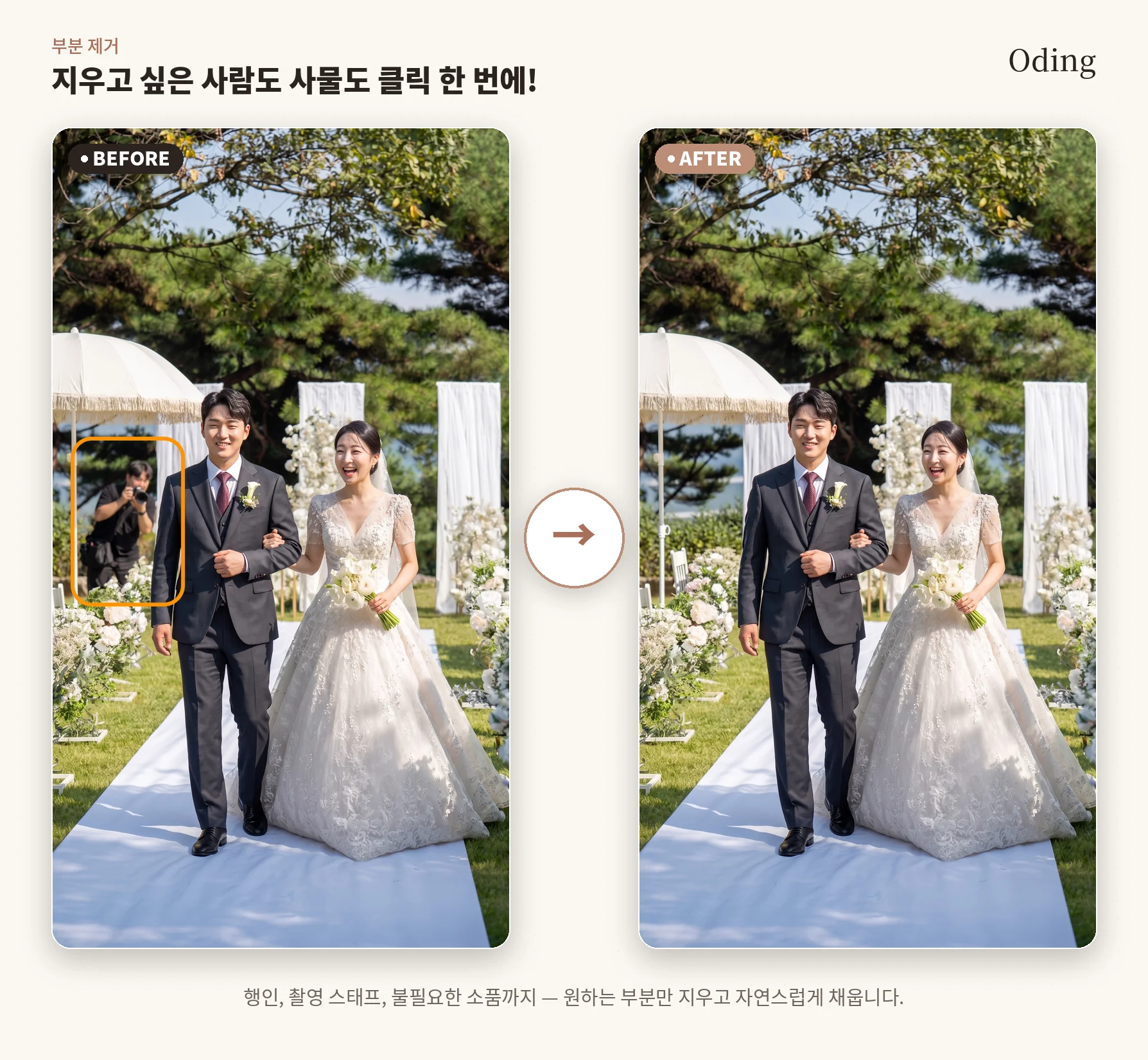부분 제거 전후 비교 — 배경의 촬영 스태프를 지우고 자연스럽게 채움